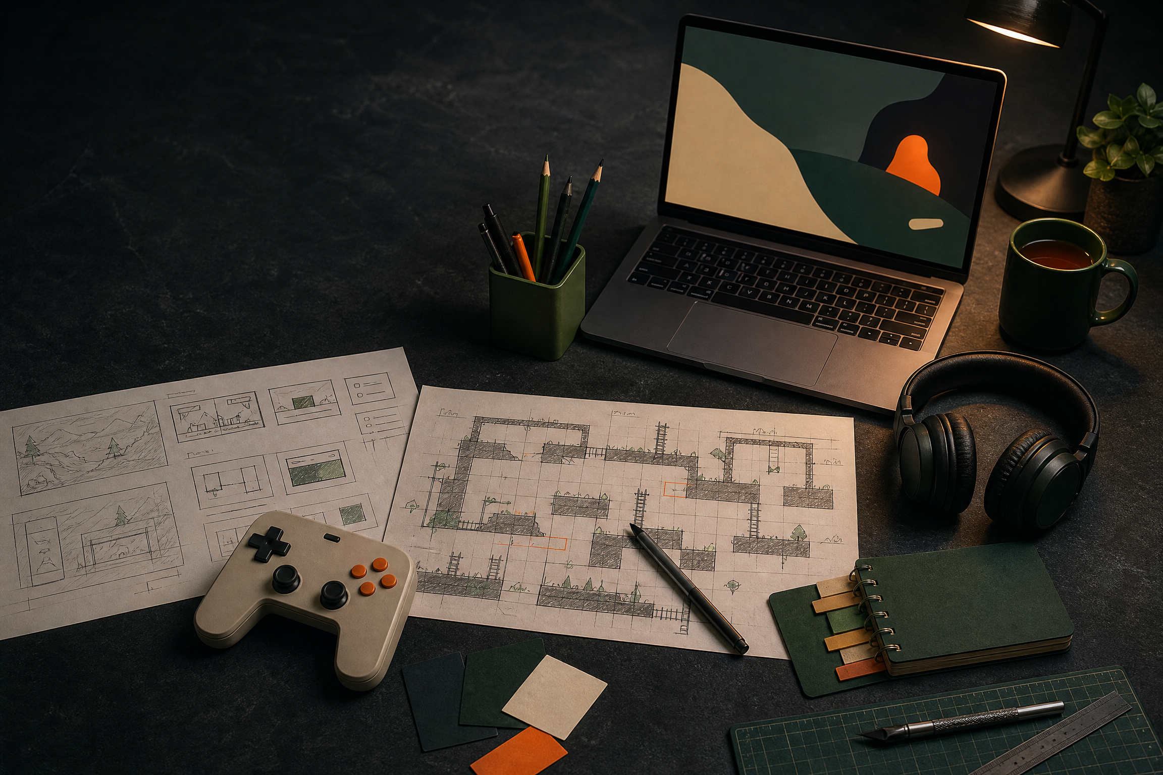 Game development worktable with sketched level plans and a controller prototype