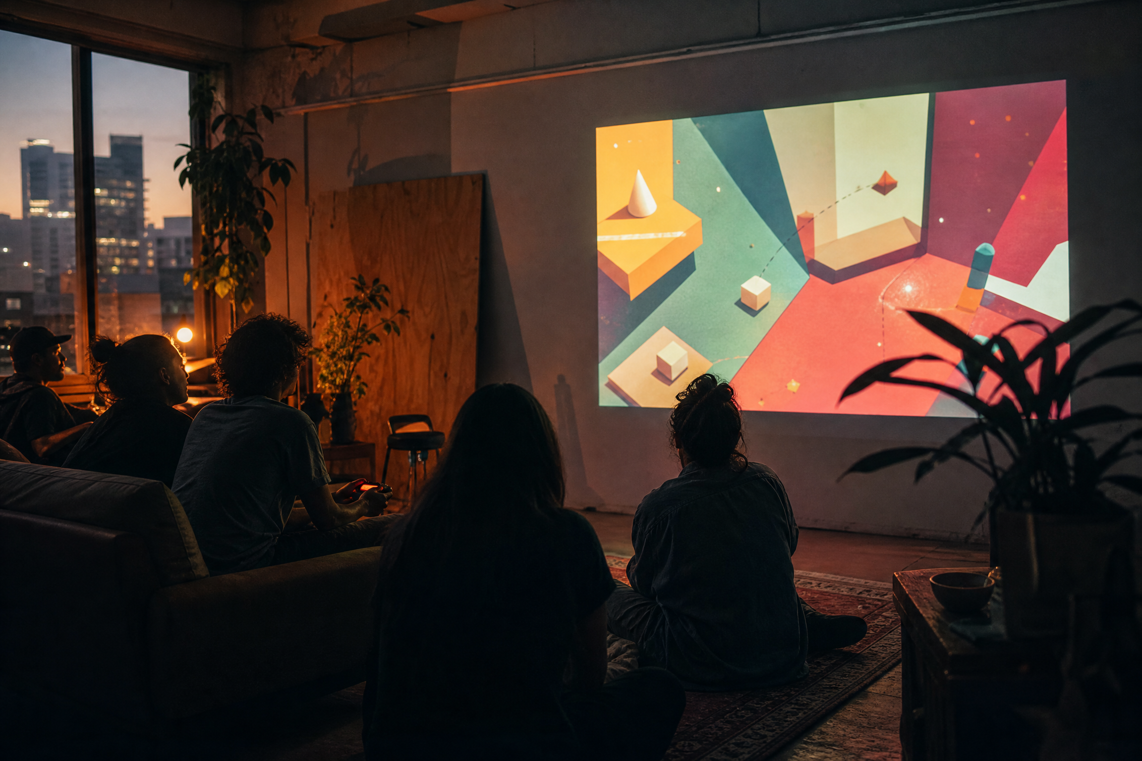 Friends testing a projected abstract multiplayer game in a studio