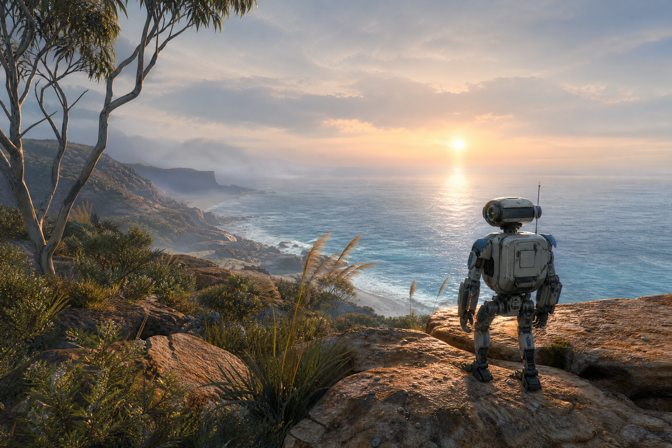 A small robot explorer stands on a coastal sandstone outcrop